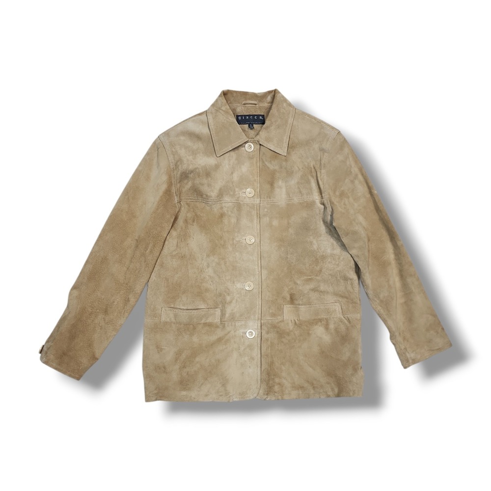 Vintage Giacca Tan Suede Leather Jacket Button‎ Up Barn Coat Woman's Medium